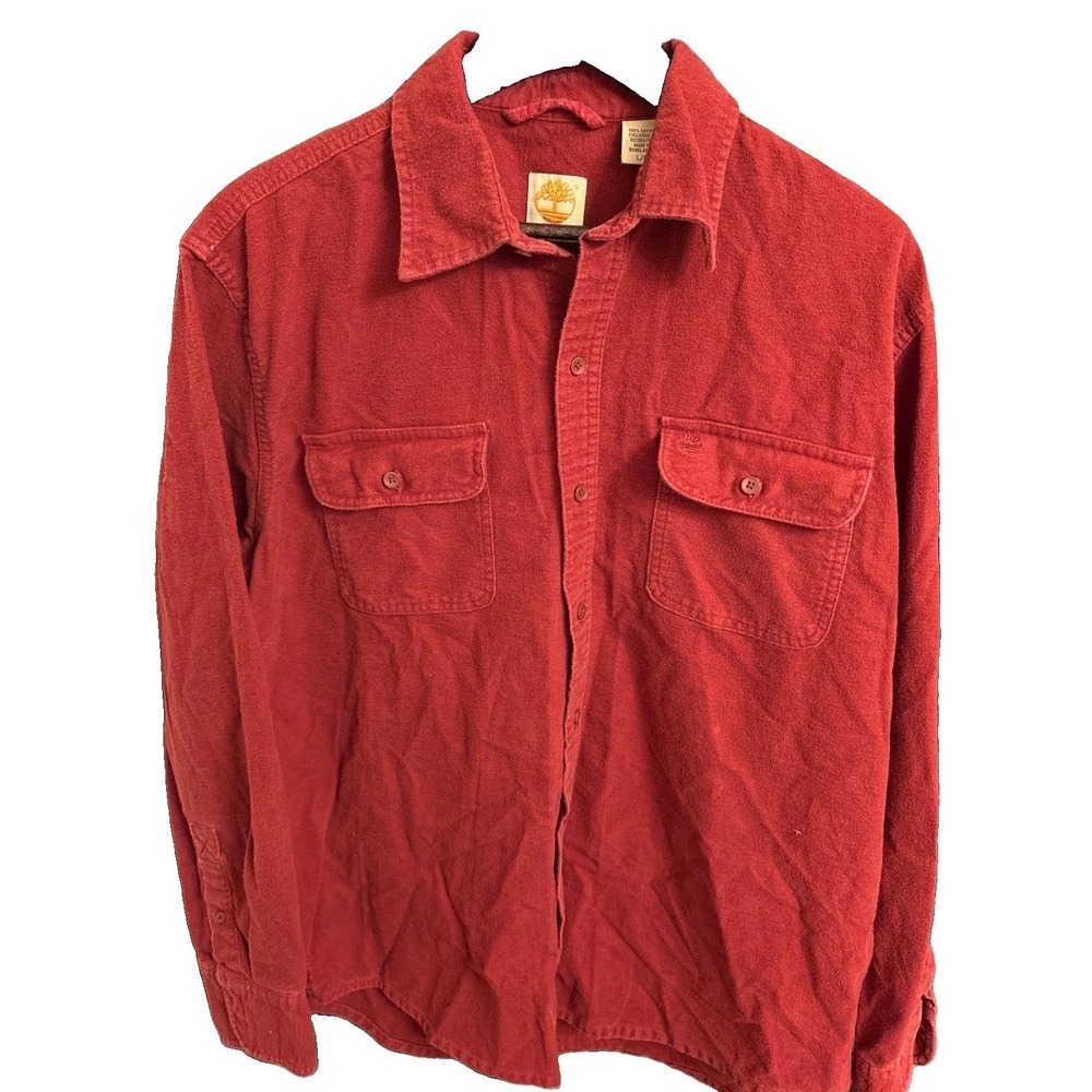 Timberland Mens Flannel Shirt Large Brick Red Cotton Button Down Long Sleeve L/G